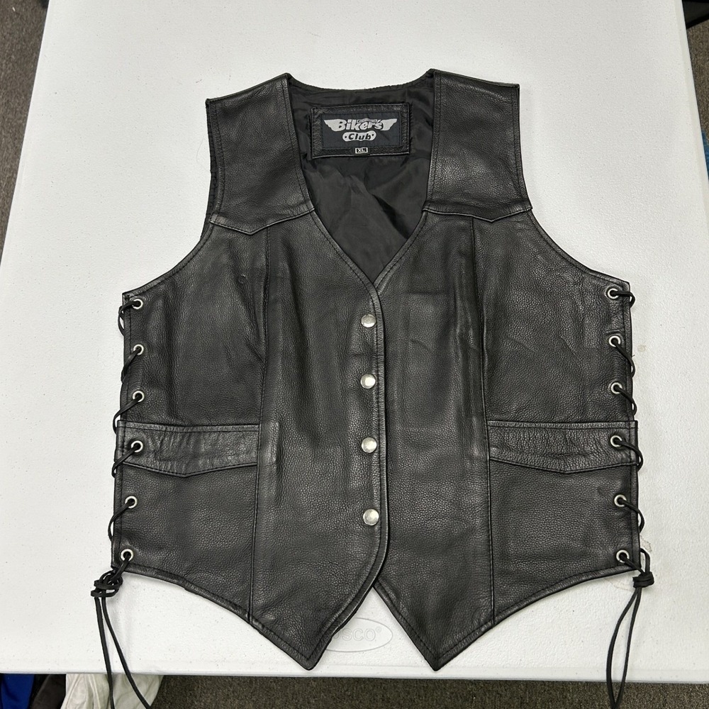 Biker's Club Leather Vest Mens XL Black Lace Up Sides Snap Front RN115712